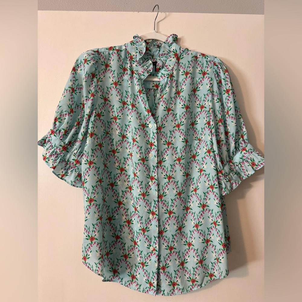 Ann Taylor Mint Floral Blouse with Ruffle Sleeves